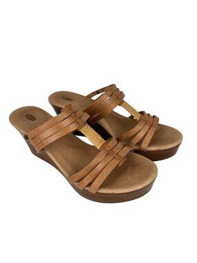 UGG Mattie Womens Platform Wedge Strappy Sandals Tan Brown Leather size 10